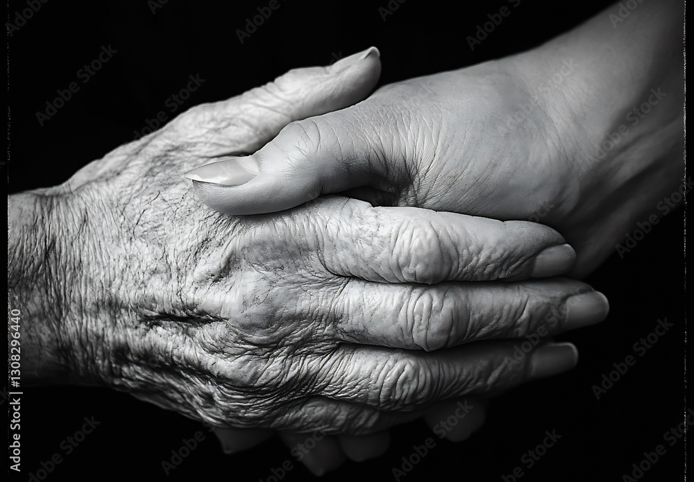 Fototapeta premium Elderly and younger hands clasped together symbolizing unity and support in monochrome : Generative AI