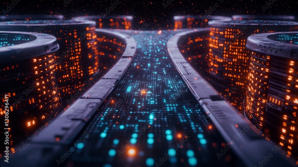 Futuristic Cityscape Digital Highway of AI Big Data and Hyperloop Technology Futuristic Cityscape Digital Highway of AI Big Data and Hyperloop Technology