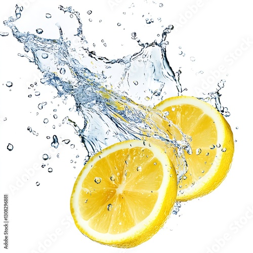 Two Lemon Slices Splashing in Clear Water Creating a Refreshing Drink Effect : Generative AI