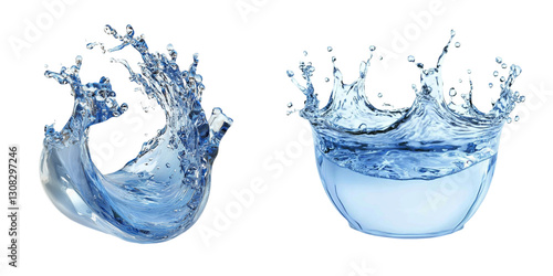 PNG Blue water splashing set isolated on white background, dynamic water splash
