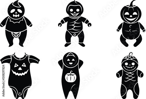 Black and White Halloween Baby Costume Clipart Set: Pumpkin, Jack-o'-Lantern, and Spooky Baby Outfits Vector Graphics Collection