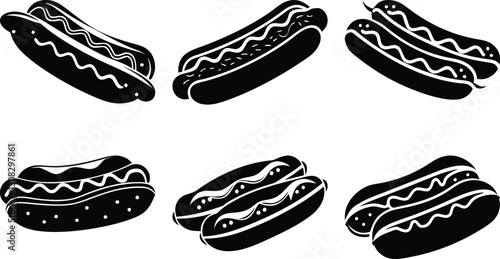 Black and White Hot Dog Clipart: Vector Illustration of Fast Food, Sausage in Bun, Line Art Icon Set for Menu Design and Graphics