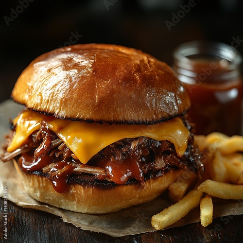 Delicious BBQ Pulled Pork Burger with Cheese and Fries Perfect for Food Lovers : Generative AI