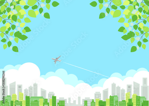 初夏、ビル街、イラスト、飛行機、背景、横