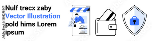 Mobile storefront with person examining product, wallet with payment cards, and shield displaying padlock. Ideal for e-commerce, online security, payment methods, financial apps, cybersecurity