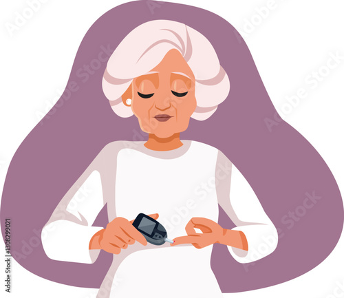 Senior Woman Measuring Blood Sugar with Glucometer Vector Illustration. Diabetes Patient monitoring her hyperglycemia with a medical tool