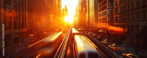 City street viewed with train tracks during a vibrant sunset