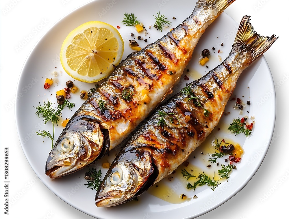 Grilled Fish Garnished with Lemon Wedges and Fresh Herbs on White Plate : Generative AI Grilled Fish Garnished with Lemon Wedges and Fresh Herbs on White Plate : Generative AI