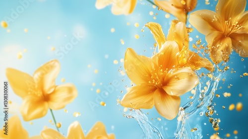 Yellow Flower Splash with Blue Background and Water Droplets