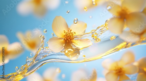 Delicate Yellow Flowers Surrounded by Water Splash and Droplets
