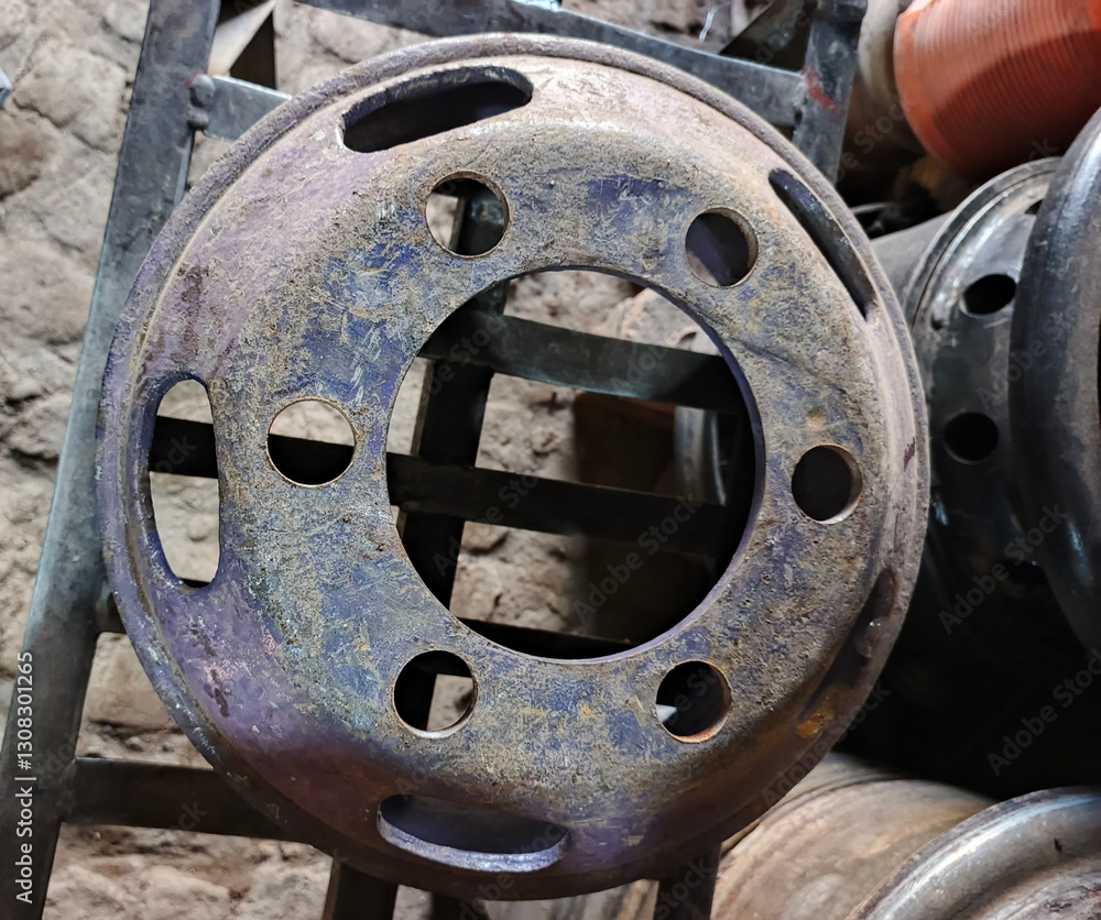 Rusty Wheel Rim with Multiple Holes in Industrial Setting Rusty Wheel Rim with Multiple Holes in Industrial Setting