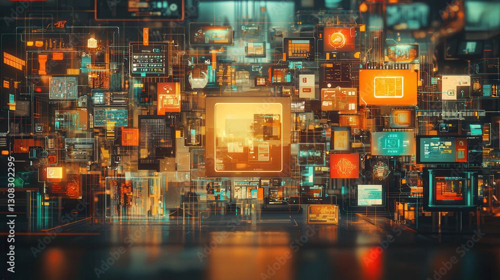 Fototapeta premium Digital hologram display with vibrant colors and intricate patterns, showcasing technology and data visualization