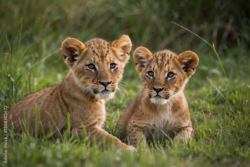Playful lion cubs enjoying on green grass, connected in a lively interaction
Playful lion cubs enjoying on green grass, connected in a lively interaction