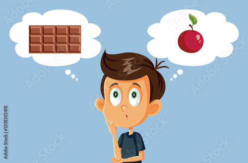 Boy Choosing Between Chocolate and Apples Vector Illustration. Little kid deciding between healthy and unhealthy snack
