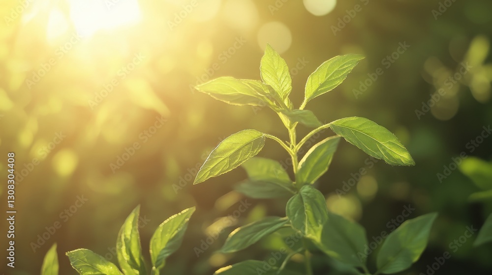 Obraz premium Young Green Plant Leaves Bask In Sunlight