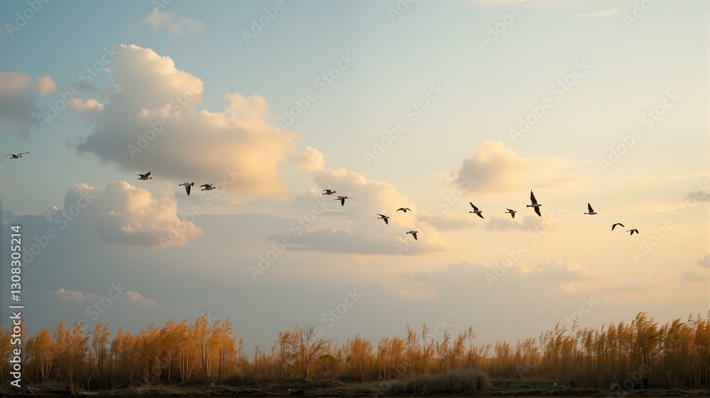 Obraz premium 一群鸟飞过芦苇丛