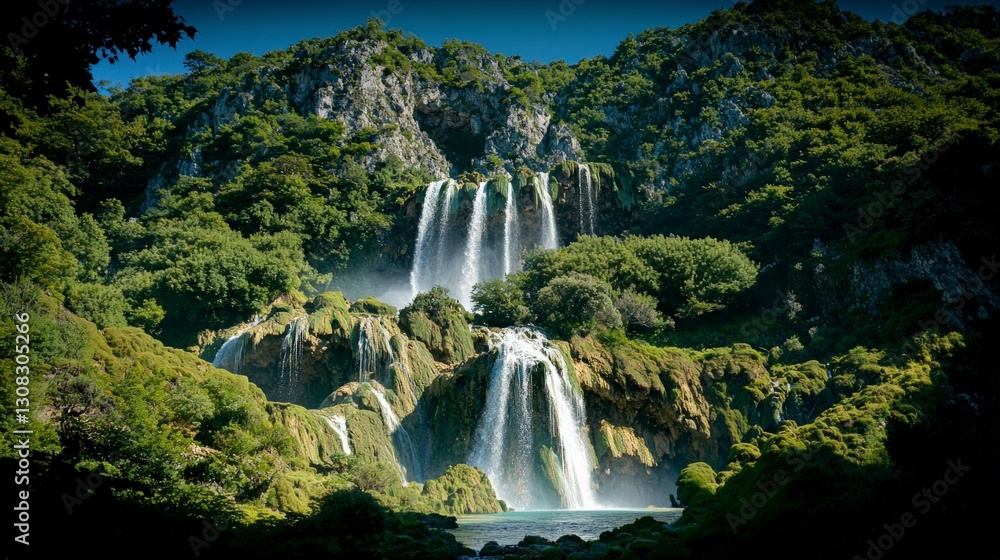 Fototapeta premium Majestic Waterfall Cascading Down Lush Green Cliff Nature Landscape Photography