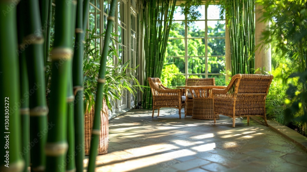 Sunlit Patio with Rattan Furniture Bamboo and Lush Greenery Sunlit Patio with Rattan Furniture Bamboo and Lush Greenery