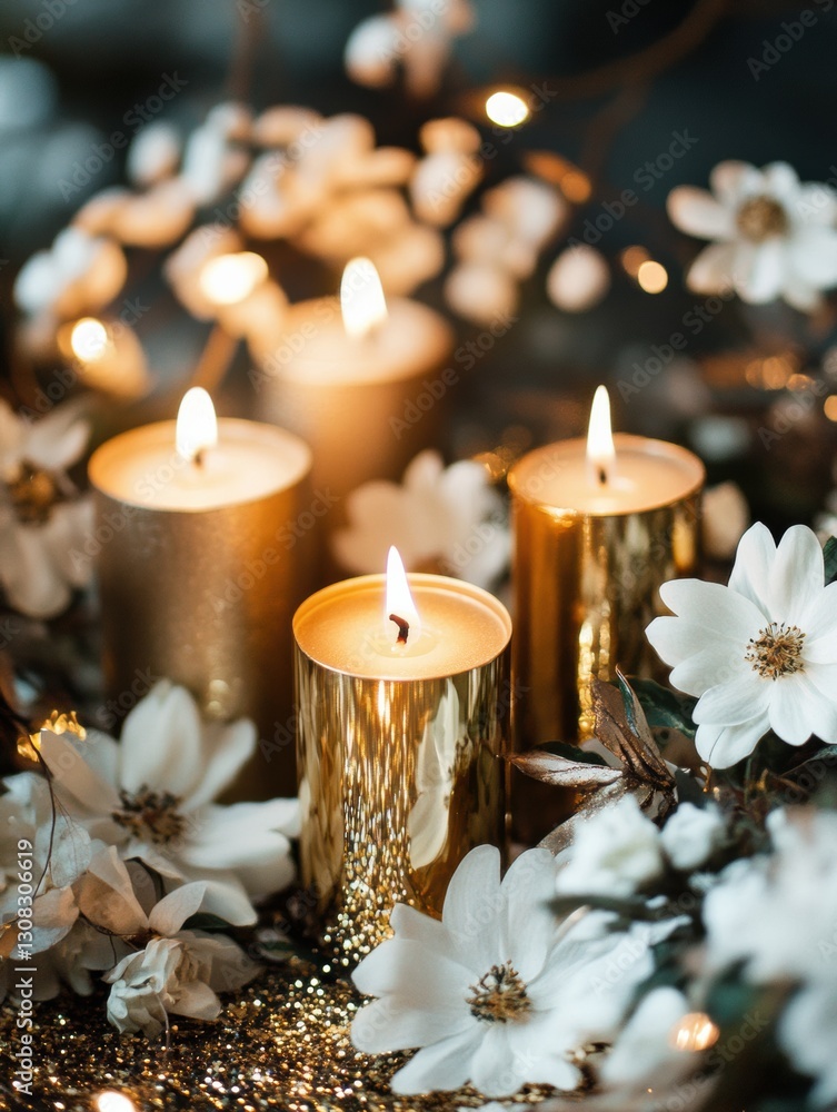 Elegant golden candles adorned with white flowers create a serene ambiance on a shimmering dark background Generative AI Elegant golden candles adorned with white flowers create a serene ambiance on a shimmering dark background Generative AI