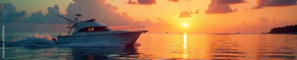 Fishing boat gently rocking on tranquil Miami waters at sunset , sun, dock, calm sea Fishing boat gently rocking on tranquil Miami waters at sunset , sun, dock, calm sea