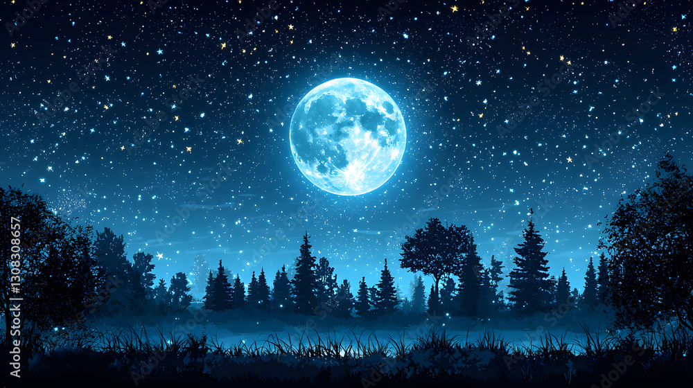 Naklejka premium A beautiful glowing moon shining over the forest at night time