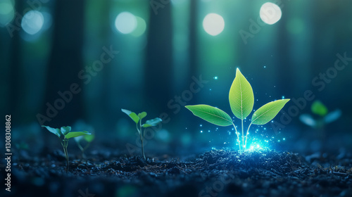 A futuristic holographic tree glows brightly, standing on the ground. This digital innovation represents sustainability, technology, and the future of nature.