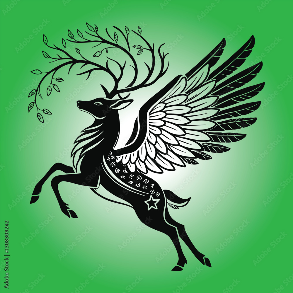 Fototapeta premium Deer silhouette vector Ornate Winged deer logo