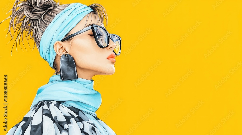 Fototapeta premium Fashion Illustration Chic Woman Yellow Background Sunglasses Headscarf