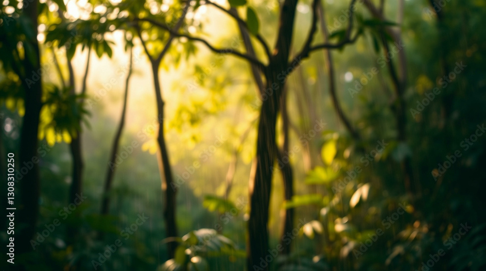 Fototapeta premium Abstract blur of a lush green forest with sun rays filtering through the trees, creating a peaceful, natural atmosphere.