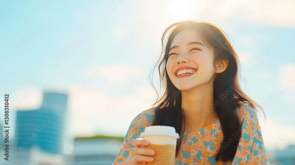 Woman smiling outdoors on a sunny day enjoying her drink Woman smiling outdoors on a sunny day enjoying her drink