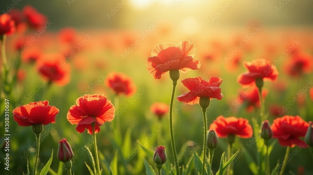 A field of red carnations swaying gently in the breeze, bathed in warm sunlight A field of red carnations swaying gently in the breeze, bathed in warm sunlight