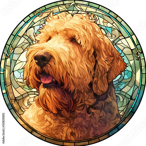 A golden doodle portrait in a stained-glass style.  Warm tones and intricate details capture the dog's gentle expression.