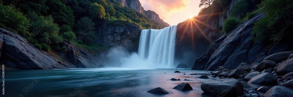 Fototapeta premium Dusk waterfall, dramatic cascade, moody rocks, untamed, twilight