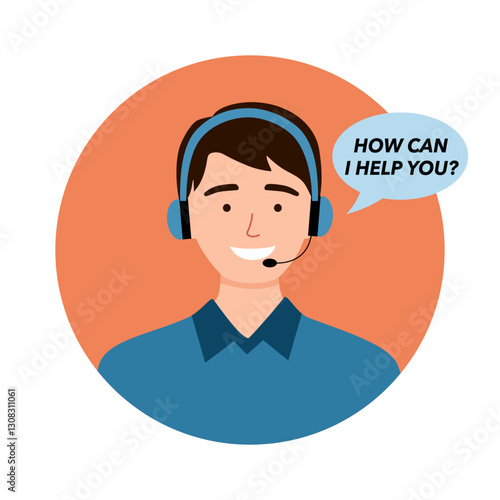 Call center operator with headset icon. Client services and communication, customer support, phone assistance.