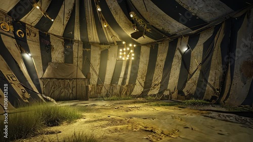 A circus tent with a light inside. The tent is empty and the inside is dark. Scene is eerie and mysterious