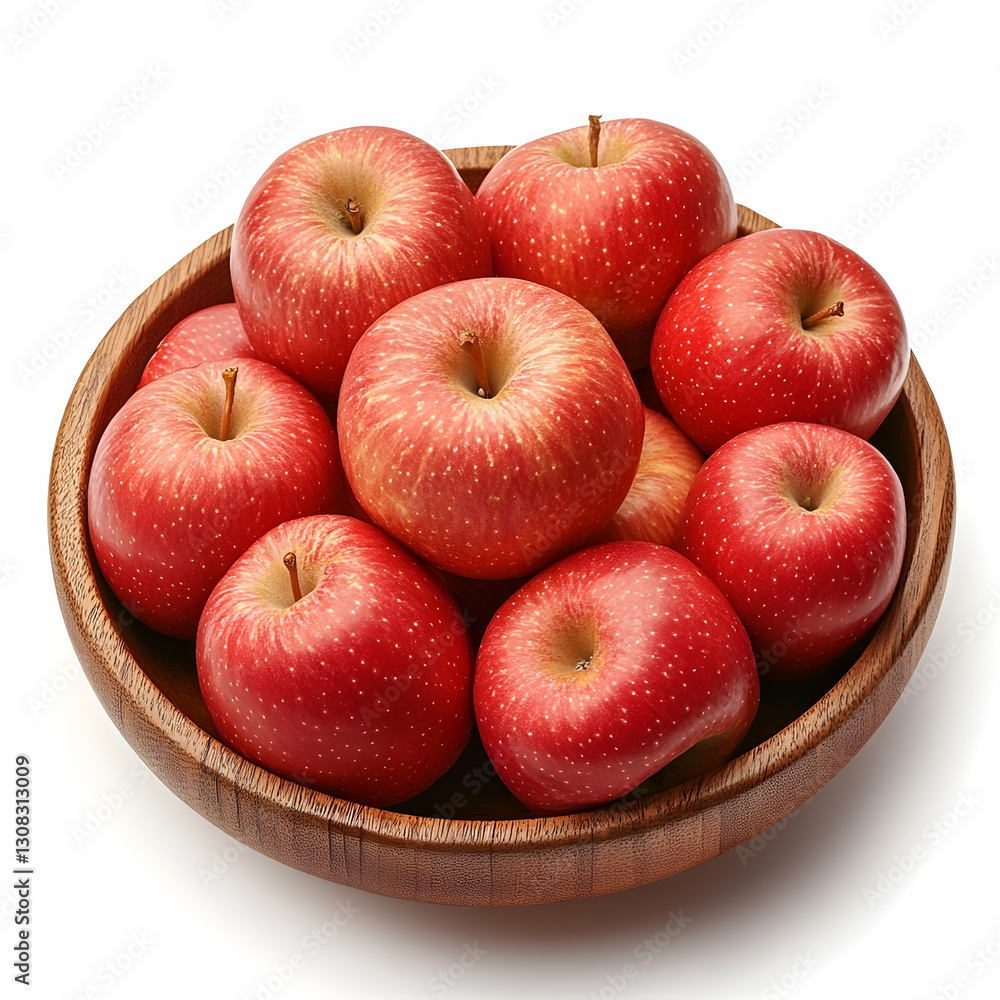 Red apples in wooden bowl, white background, healthy food Red apples in wooden bowl, white background, healthy food