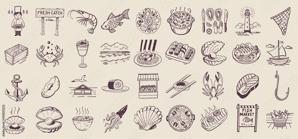 Fresh seafood illustrations featuring fish, crabs, sushi, and market scenes evoke coastal vibe Fresh seafood illustrations featuring fish, crabs, sushi, and market scenes evoke coastal vibe
