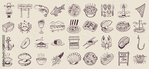 Fresh seafood illustrations featuring fish, crabs, sushi, and market scenes evoke coastal vibe