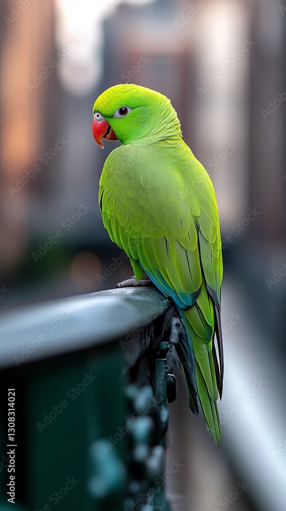 Obraz premium A green parrot sitting on top of a metal railing
