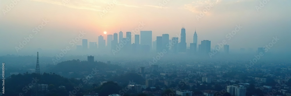 Fototapeta premium Dense smog obscures iconic LA buildings, smoky atmosphere, horizon, city, light