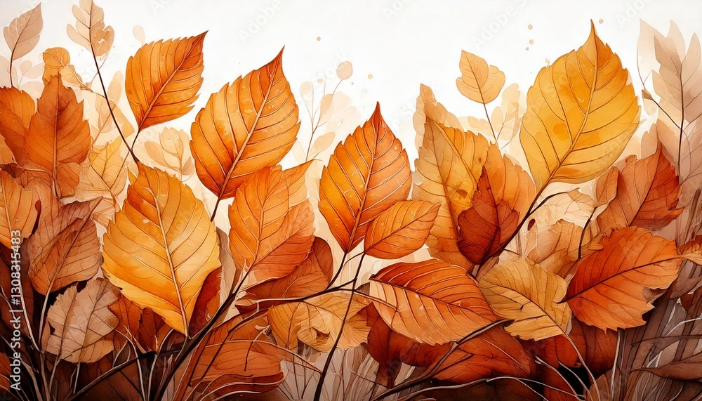Autumn-inspired watercolor leaves, in warm, golden hues. Autumn-inspired watercolor leaves, in warm, golden hues.
