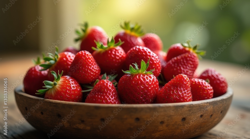 Ripe red strawberries piled in a rustic wooden bowl, soft sunlight, warm tones, cozy and natural atmosphere. Ripe red strawberries piled in a rustic wooden bowl, soft sunlight, warm tones, cozy and natural atmosphere.