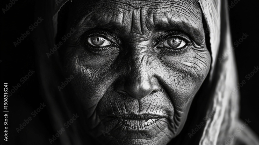 Elderly african female with intense gaze and wrinkled skin in black and white portrait Elderly african female with intense gaze and wrinkled skin in black and white portrait