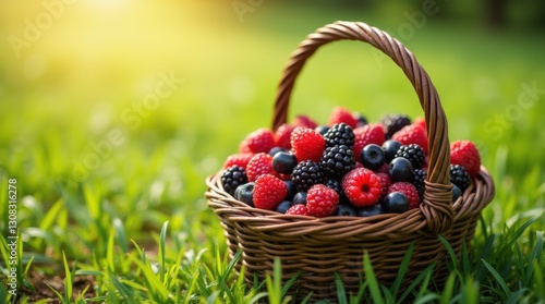 Rustic basket brimming with berries on a green grassy field