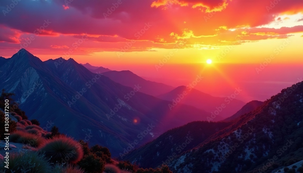 Fiery sunset paints California mountain range, breathtaking aerial view, red, sunset Fiery sunset paints California mountain range, breathtaking aerial view, red, sunset