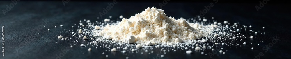 Fine white flour scattered across black tabletop, rustic, design Fine white flour scattered across black tabletop, rustic, design