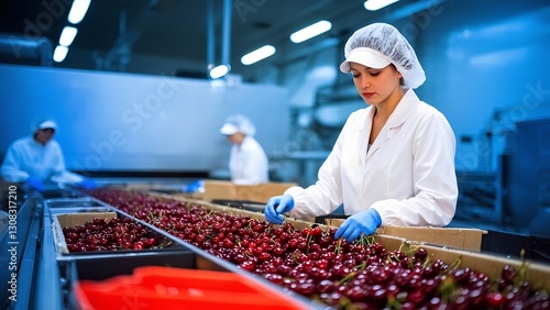 Cherry sorting action factory agricultural process industrial environment close-up view quality control in food production