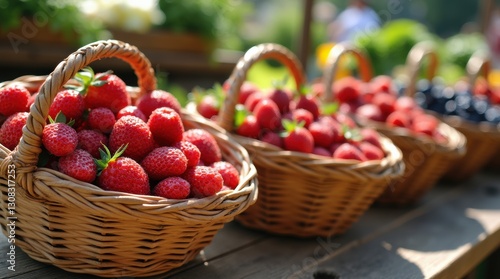 Wicker baskets filled with vibrant farmer’s market berries on a wooden stall