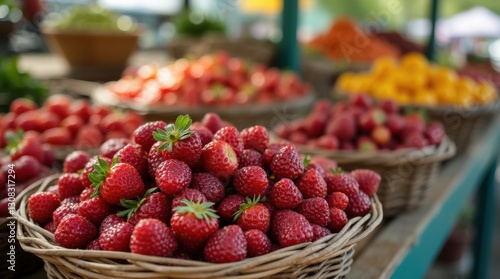 Wicker baskets filled with vibrant farmer’s market berries on a wooden stall