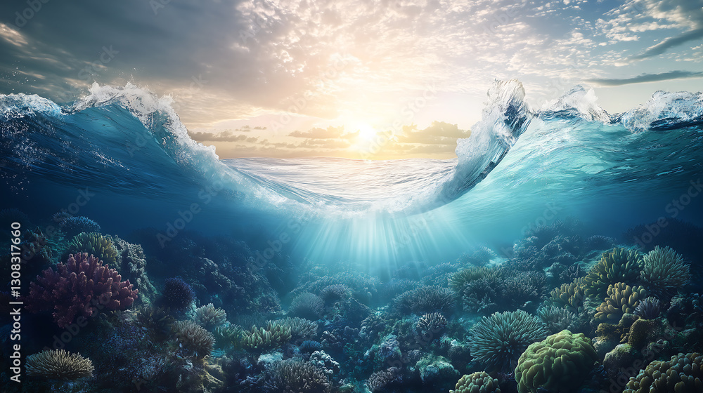 Dynamic image of Sunshine enters underwater ocean, Summer background. Dynamic image of Sunshine enters underwater ocean, Summer background.